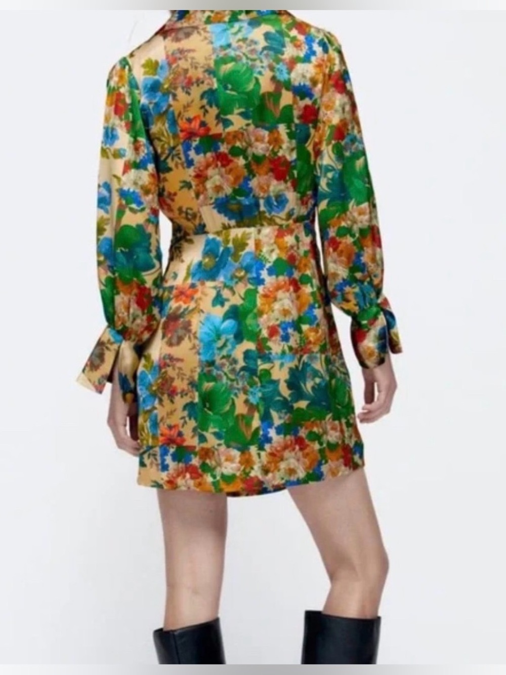 Zara Green Multi Floral Satin Wrap Dress - Picture 7 of 7